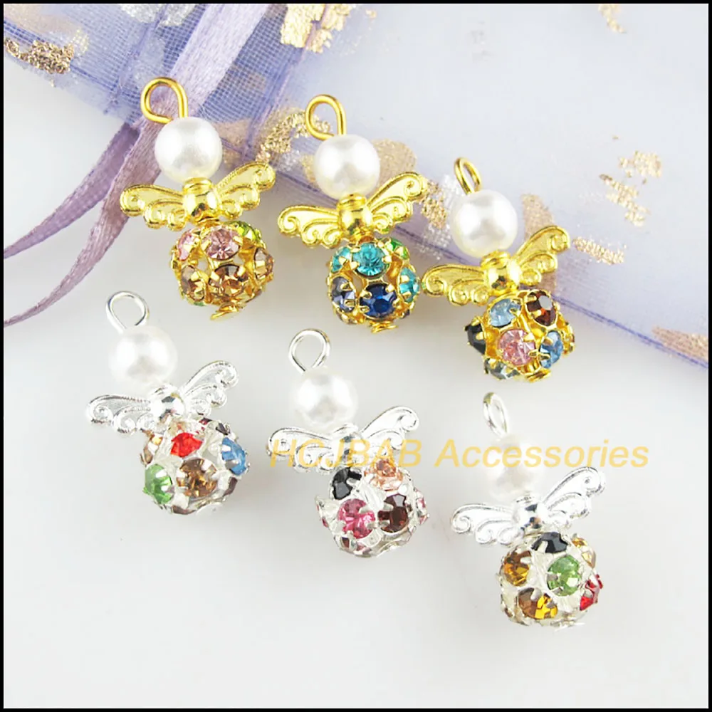 10Pcs Silver Plated & Gold Color Colored Crystal White Angel Charms Pendants 14x22mm