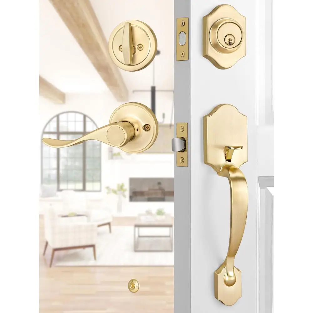 Exterior Door Lever and Deadbolt Set Stainless Steel Zinc Alloy Wave Handle Brass Finish Easy Installation 2 3/8