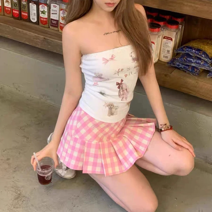 

Korean sweetheart hottie tube top print vest y2k women's American retro sweetheart slim short top tube top pleated skirt set