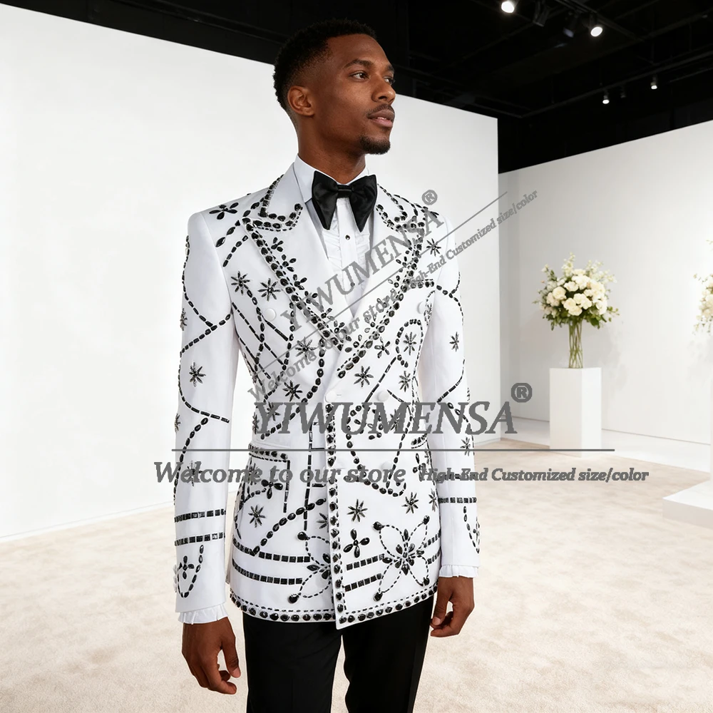 

Роскошные мужские костюмы с камнями из бисера на свадьбу, комплект из двух предметов, двубортный пиджак, брюки, индивидуальный наряд жениха, формальные вечерние смокинги