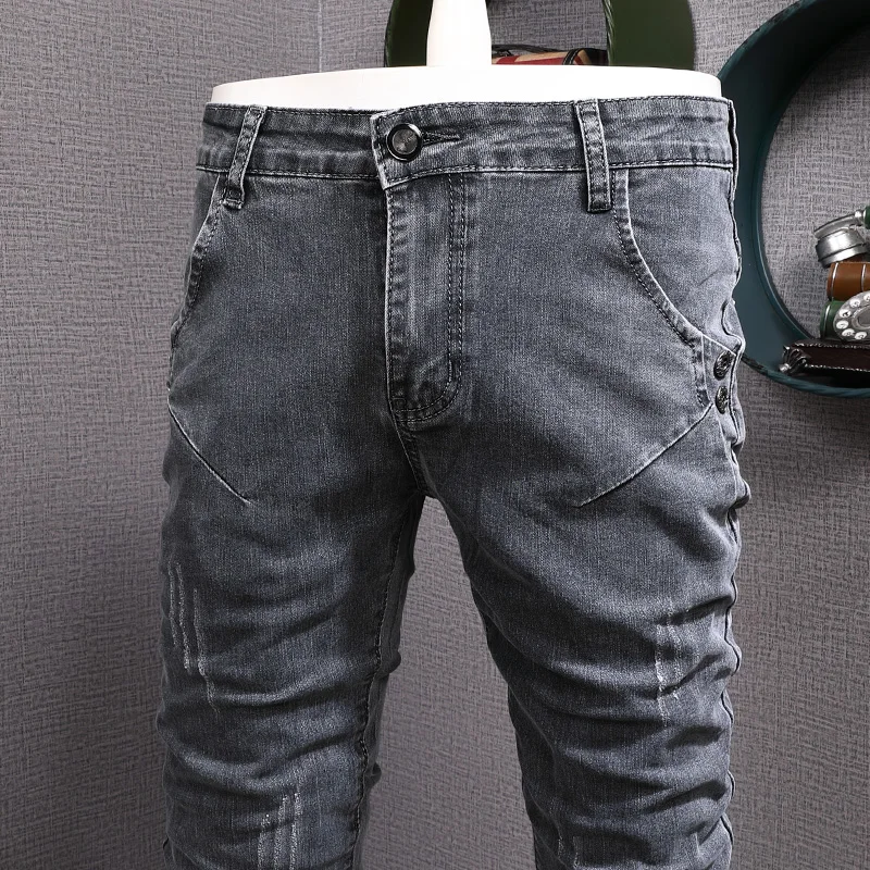Street Designer Fashion Men Jeans Retro Washed Gray Stretch Skinny Fit Ripped Jeans Men Y2K Vintage Casual Denim Pencil Pants