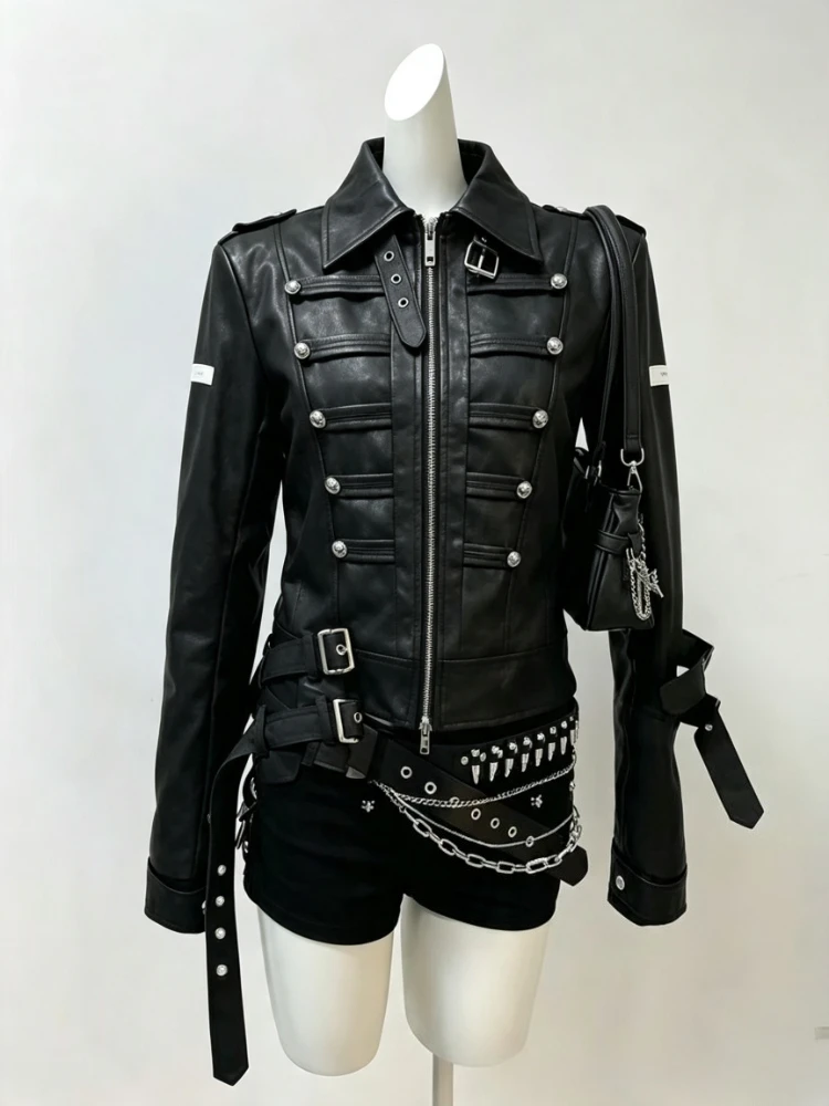 American Vintage Subculture Punk Jacket Long Sleeve Black Coat Slim Gothic Streetwear Casual Outerwear Daily Outfits 2026