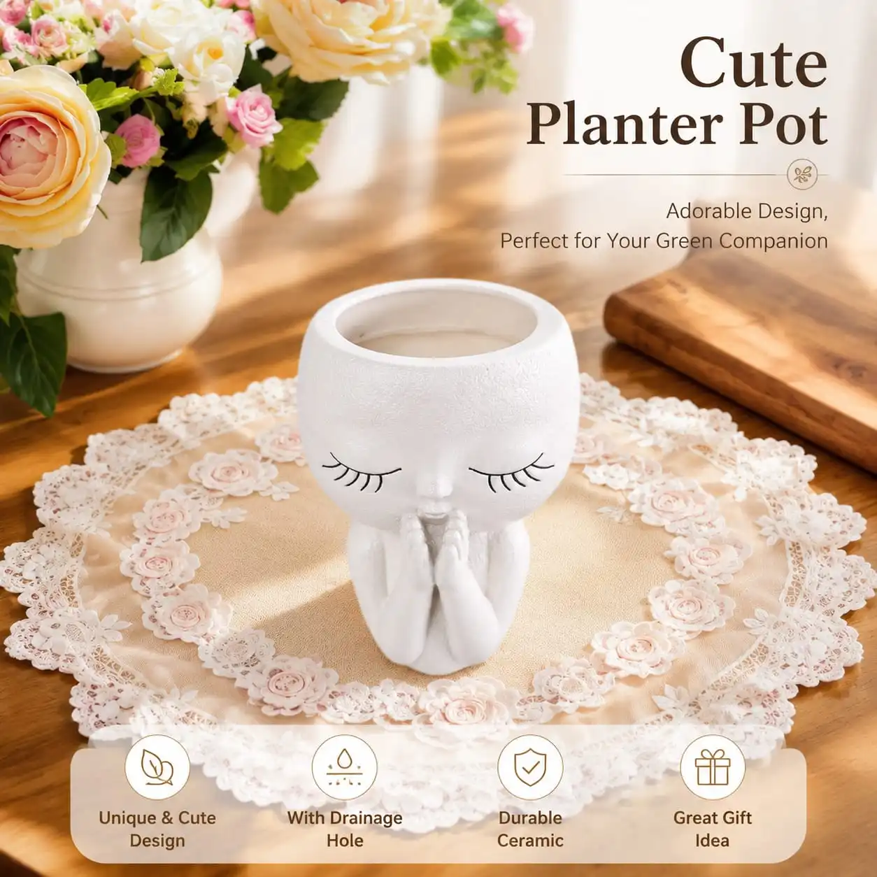 Big-Head Doll Cheek-Holding Ceramic Vase Ornament for Creative Home Decor