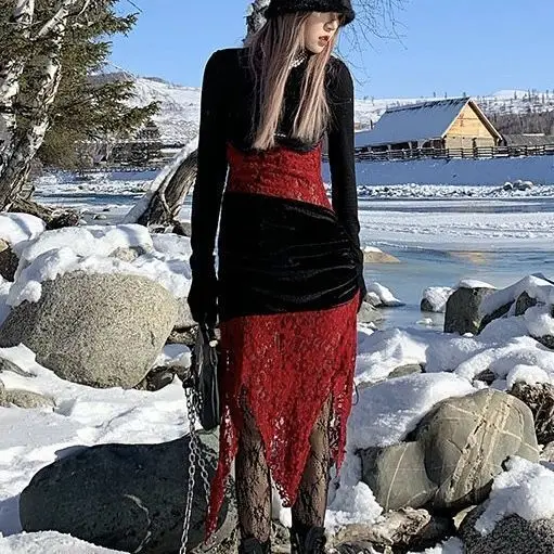 Subcultural Punk Hot Girl Goth Blood Red Lace Black Velvet Patchwork Tattered Hem Camisole Long Skirt Dress