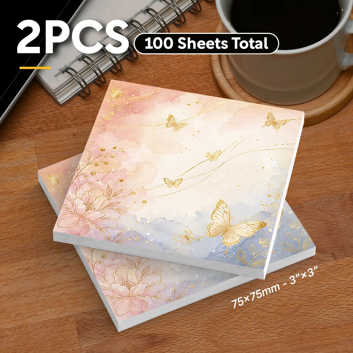 2pcs Elegant Butterfly Sticky Notes, 100 Sheets Total, 3x3 Inch Self Stick Memo Pads, Cute Square Sticky Note Pads