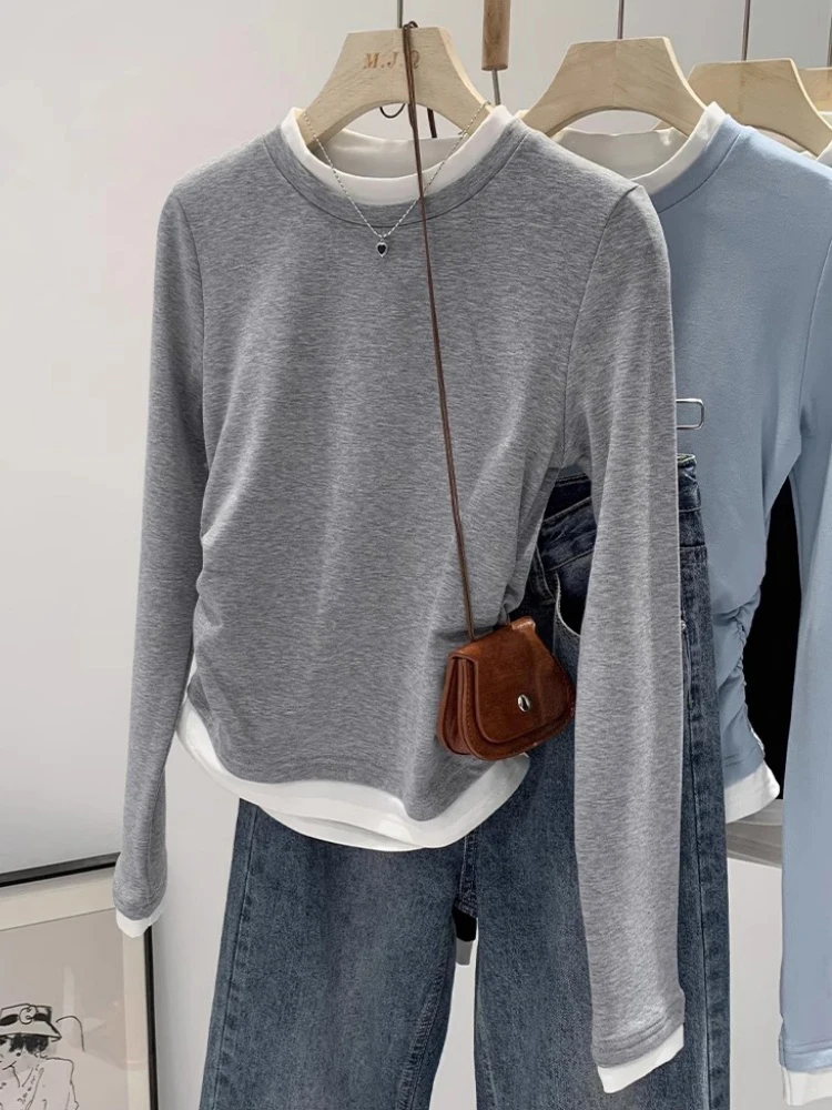 

American Sle Hot Girl ort Design Sense Color Blo Long Sve Base irt Женская футболка весенне-осенняя внутренняя одежда