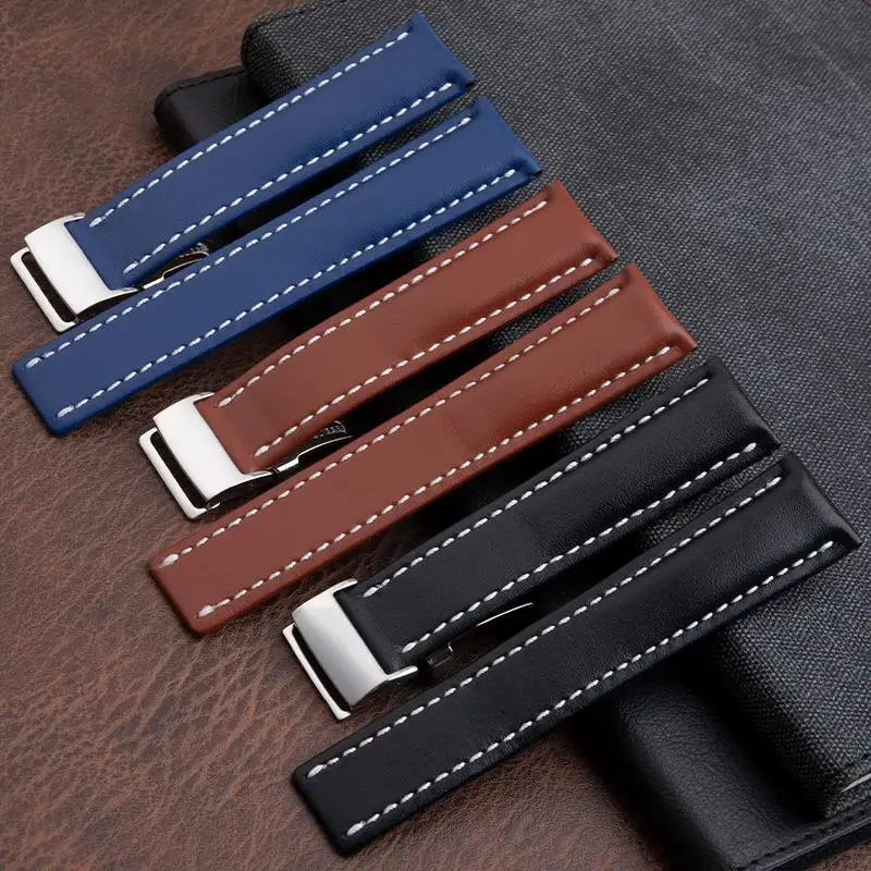 TINTAG High Quality Soft Leather Watchband Stainless Fold Buckle For Breitling Strap 22mm 24mm SUPEROCEAN AVENGER NAVITIMER