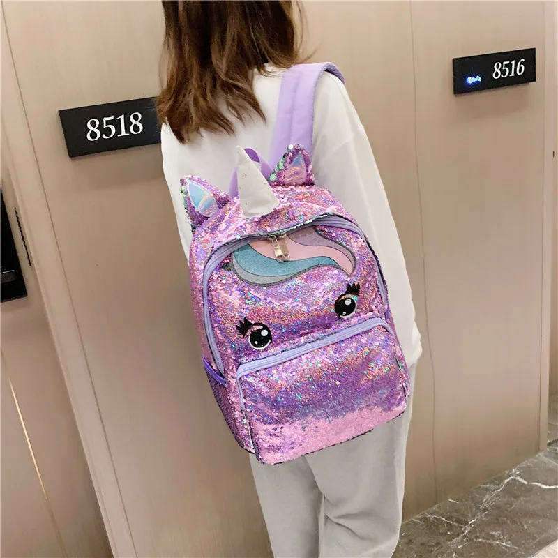 Lovely Cartoon Schoolbag For Kids Girls Fashion Unicorn Sequins Backpack Large Capacity Load-Reducing School Book Bag Children