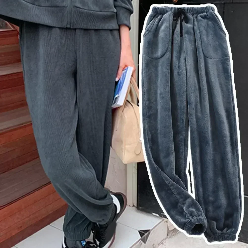 Pants Drawstring Thermal Cold-proof Trousers Pajama Pockets Winter Men Fleece Ankle-banded Sleep Bottoms Thicken