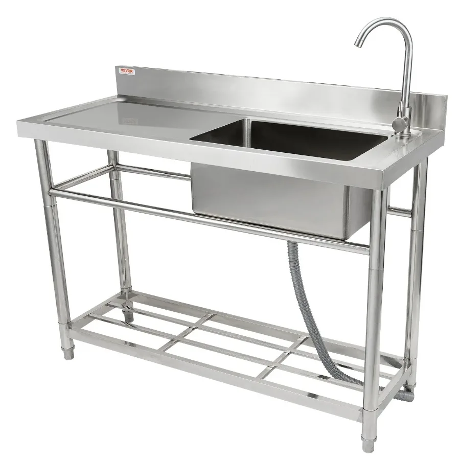 

Stainless Steel Utility Sink Free Standing Single Bowl Commercial Kitchen Sink Set w Workbench 39.4 x 19.1 x 37.4 in Commercia