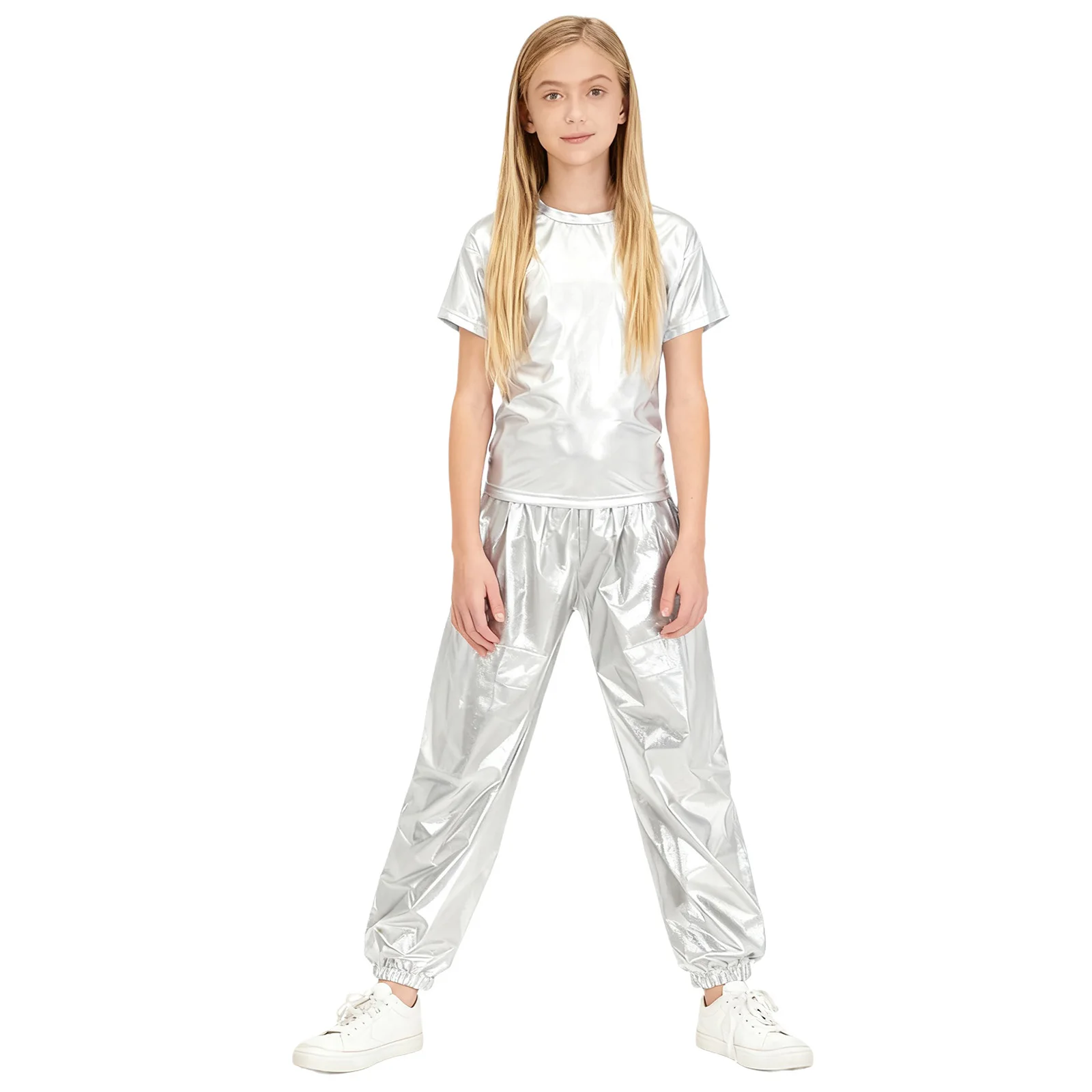 Teens Disco Outfit Girls Boys Jazz Dance Party Costumes Children Shiny Sequins Dancewear Sets Hippie Festival Metallic Prom Suit view 5