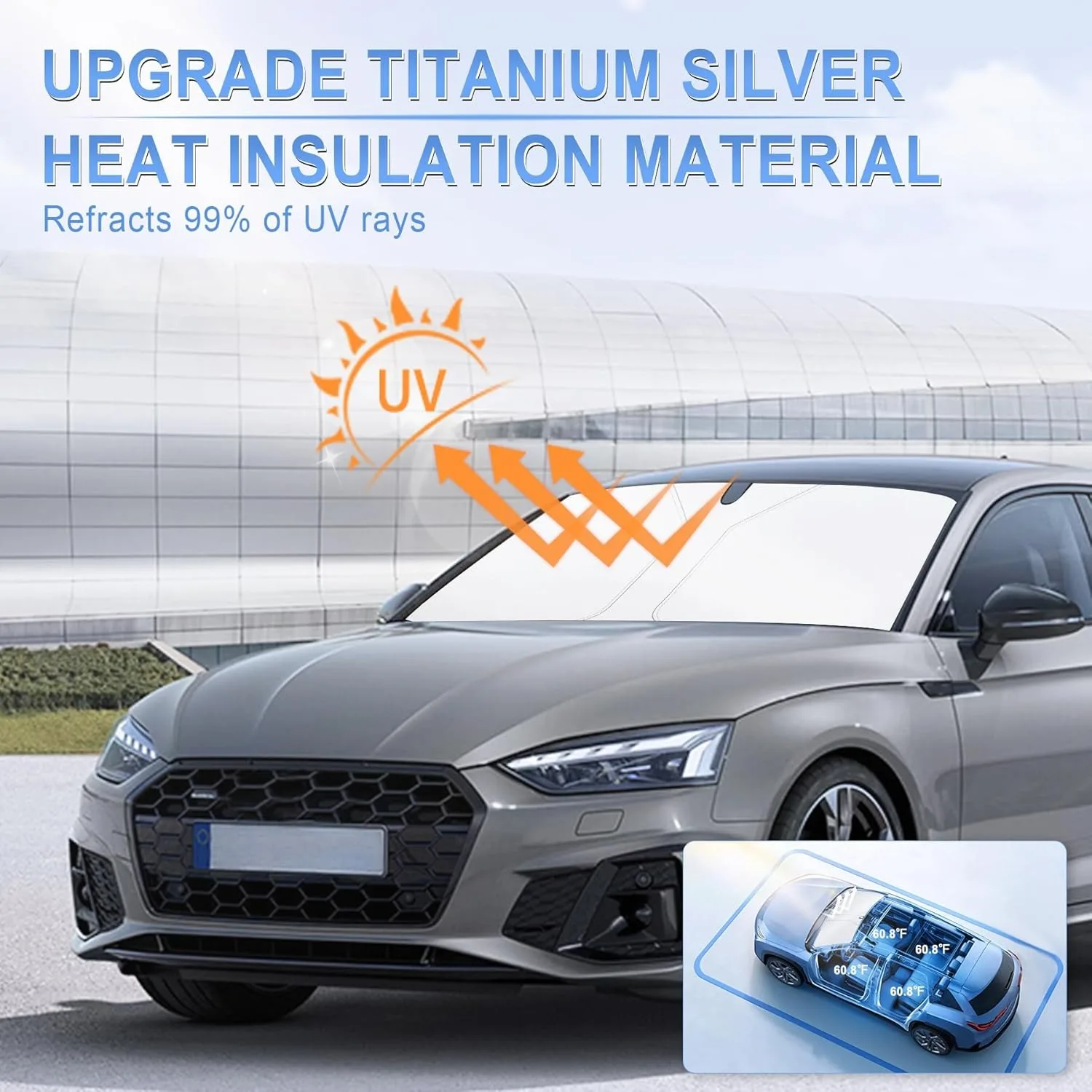 [Upgraded]  Windshield Sun Shade Umbrella - [Vinyl Coating Heat Shield] Protect Car from Sun Rays & Heat Damage Keep Cool and Protect Interior, Spring Structure Edge Medium