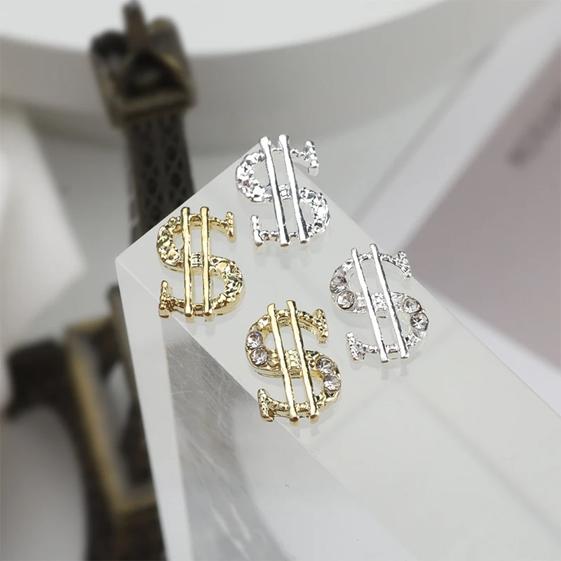 Gold Money Sign Rich Wealthy Nail Jewelry Alloy Metal Inlaid Super Sparkling Crystal Diamond Coin Us Dollar Symbol Bulk Supply