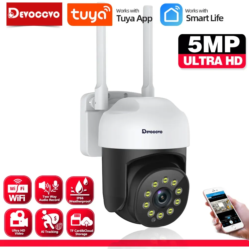 Tuya 5MP Wifi IP Camera Color night vision Outdoor Auto Tracking Wireless PTZ CCTV Security Surveillance Camera Smart Life Cam