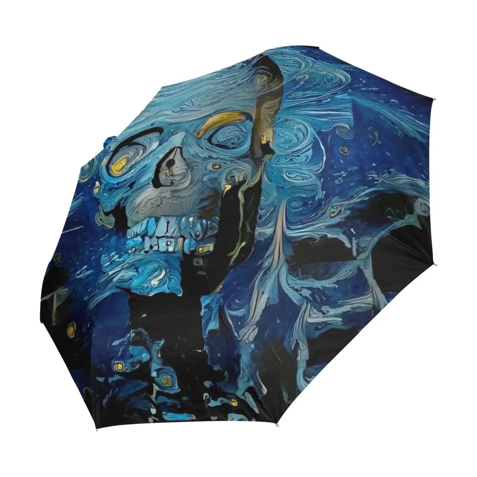 Oil Painting Skull Print Women\'s Rain Umbrella Male Three Folding Durable Portable Automatic Umbrella Parasol With Black Coating