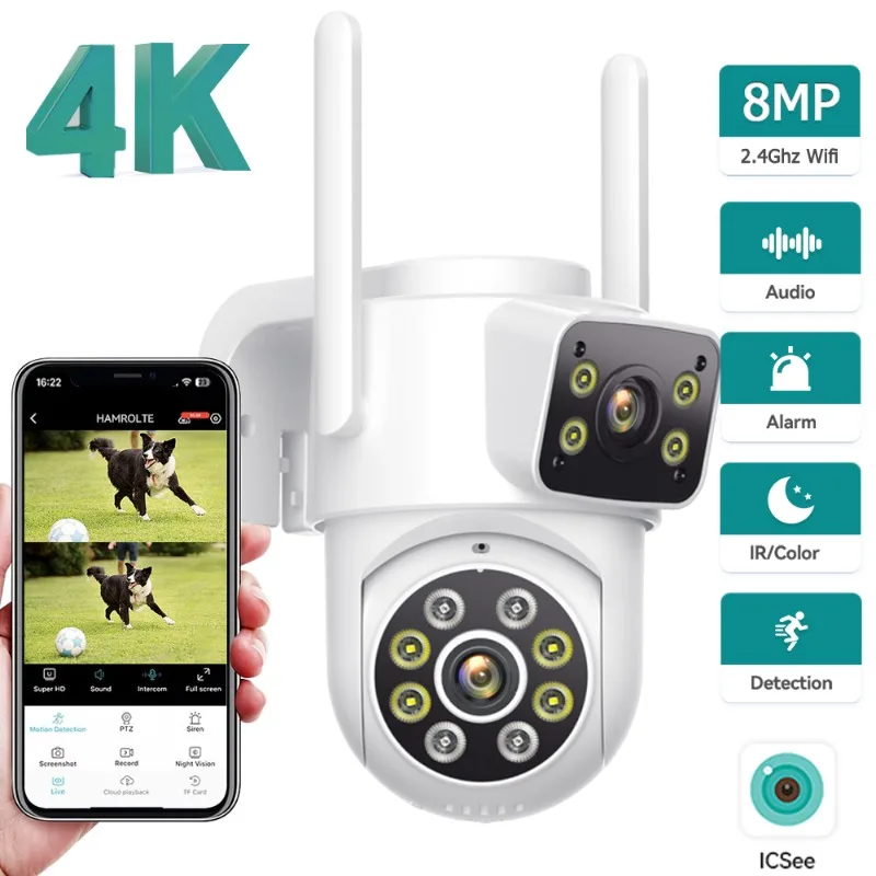 

8-мегапиксельная 4K PTZ Wi-Fi камера видеонаблюдения с двумя экранами, ИИ-детектором человека, беспроводная, уличная, IP66, водонепроницаемая, CCTV, P2P, приложение iCSee