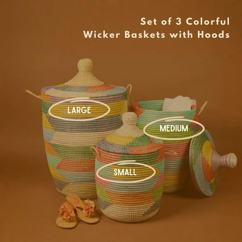 Colorful Baskets with Lids, African Woven Wicker Basket Set, Set of 3
