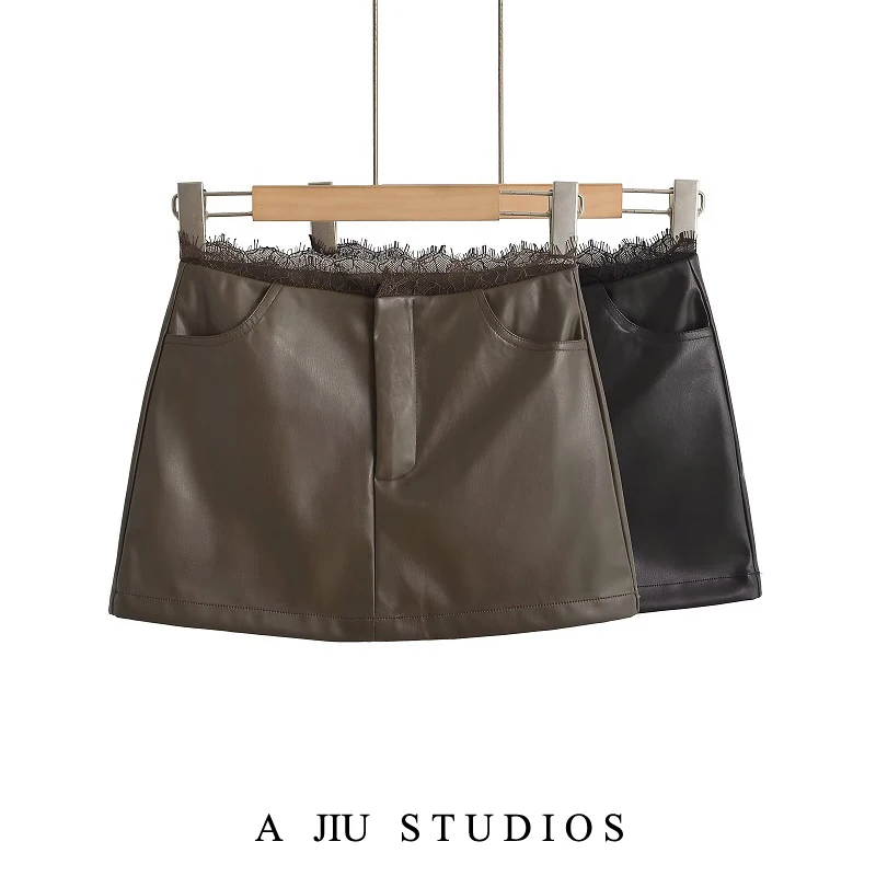 Menina picante rendas retalhos saia de couro do plutônio das mulheres primavera outono nova cintura alta magro ort a linha saia rua sle