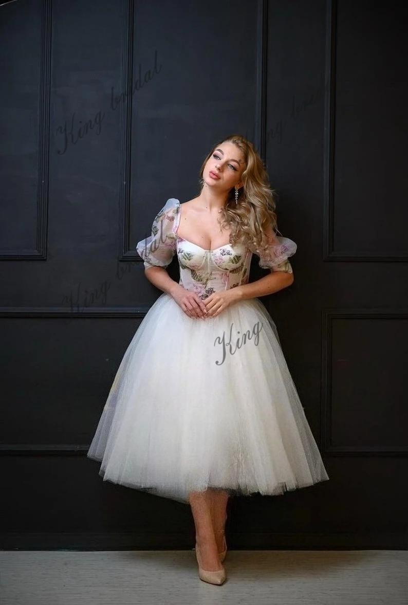 Elopement Teelange Brautkleider für den Empfang, kurzes Korsett-Hochzeitskleid mit Glockenärmeln, Midikleid, schlichtes kurzes Hochzeitskleid