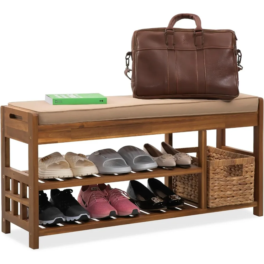 

Wooden Shoe Storage with Bench Seat - Natural Acacia Wood Entryway Organizer with Cushioned Top & Easy-Move Handles - Multi-Leve