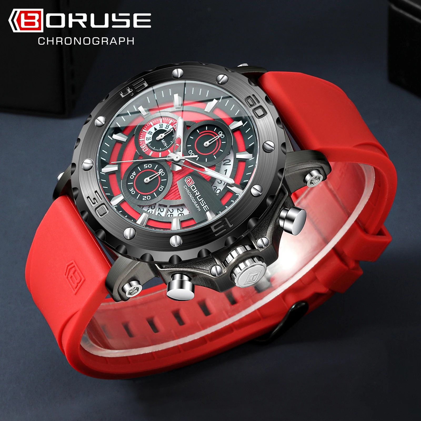 

BORUSE Роскошные мужские часы с хронографом красные часы для мужчин силиконовые кварцевые наручные часы мужские водонепроницаемые спортивные Reloj Hombre