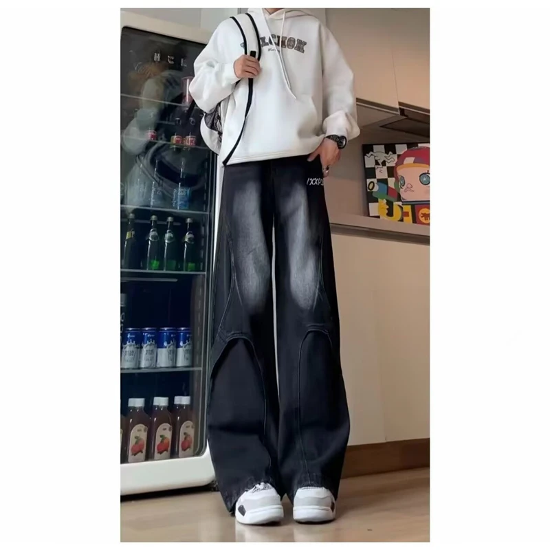 

Мужские джинсы в стиле ретро, американский уличный стиль, свободные прямые широкие брюки-кюлоты, повседневная одежда, прочный деним