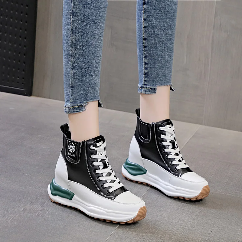 Genuine Leather Wamen Sneaker Luxury 6cm Platform Women Shoes Chunky Sneakers Women Vulcanized ShoesThick Soled Boots Autumn