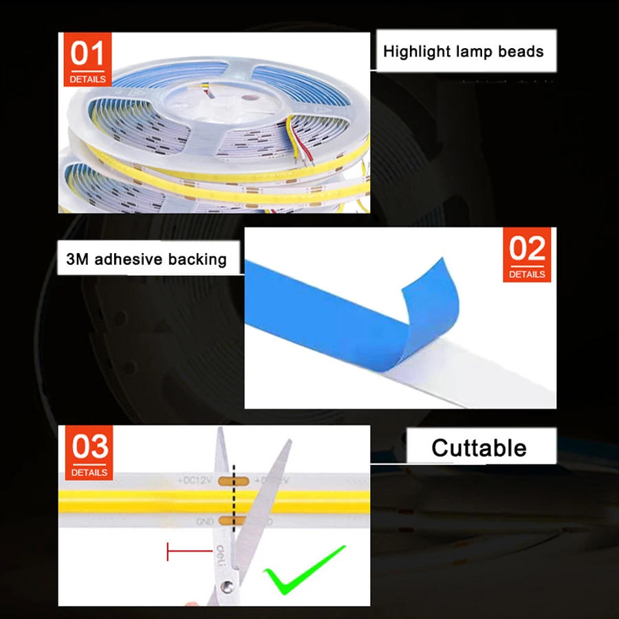 調光可能な強度のあるCOBストリップライト,10m,8mm,312ダイオード/m,高密度,12Vおよび24V,非常に良好な自然な温冷白