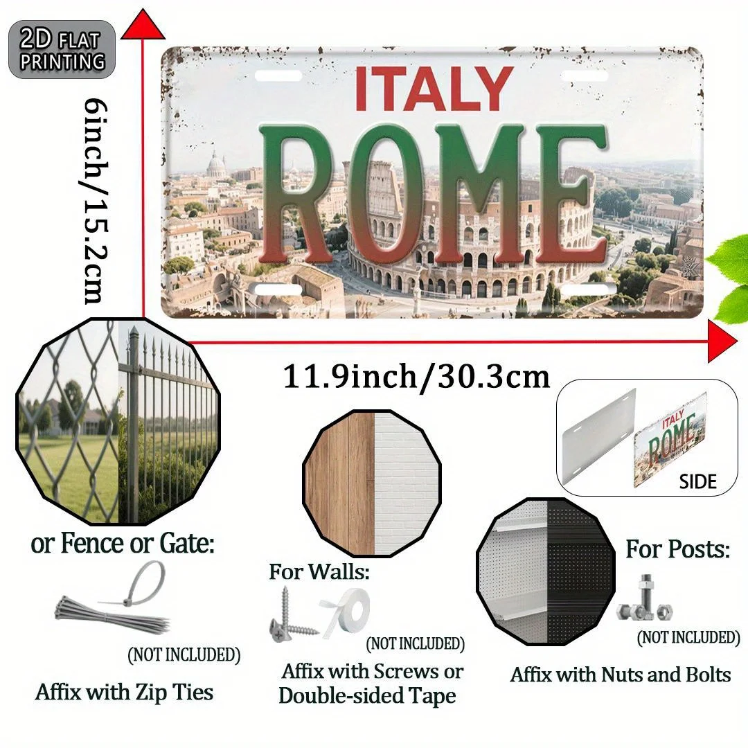 Rome Italy Colosseum License Plate Style 2D Flat Printing Metal Tin Sign, Italian Travel Themed Decorative Aluminum Sign for Hom