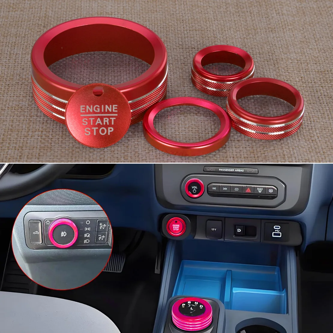 

5pcs/set Red Center Console Control Switch Knob Cover Trim Ring Aluminum Alloy Fit for Ford Maverick 2022 2023 2024 2025