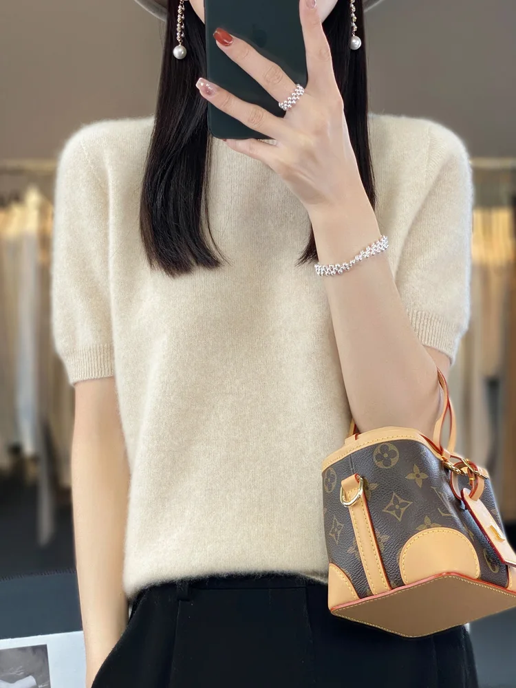 100% pure wool T-shirt spring and summer new women\'s O-neck pullover short sleeve loose five-sleeve sweater high-end top