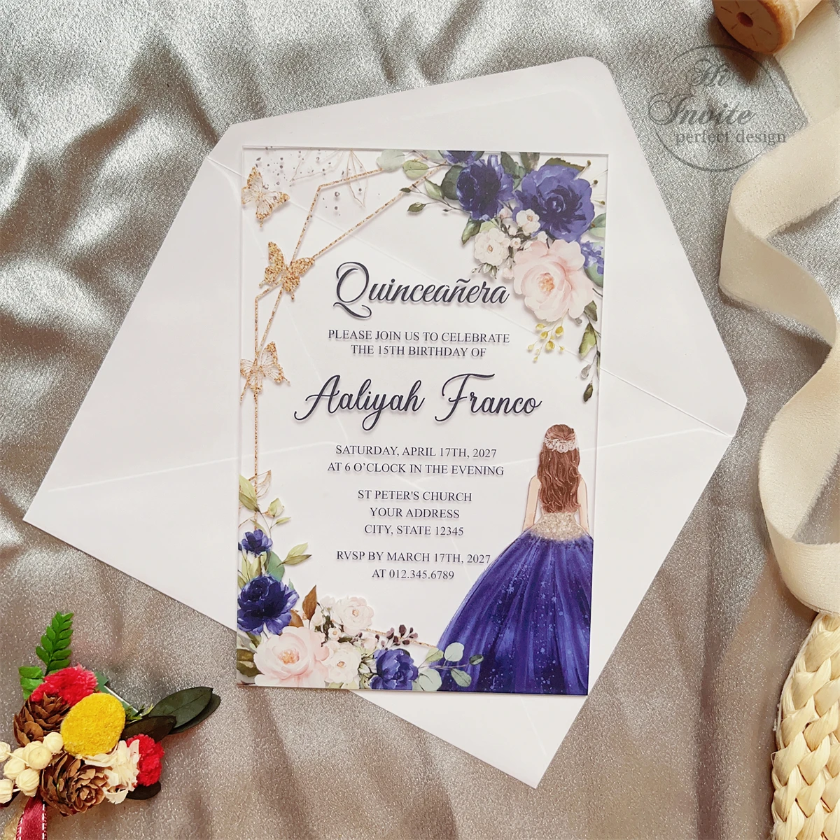 Acrylic Sweet 15 Birthday Invitation, Navy Princess&Gold Butterfly Floral Quinceañera Acrylic Invite, XV Anos Card