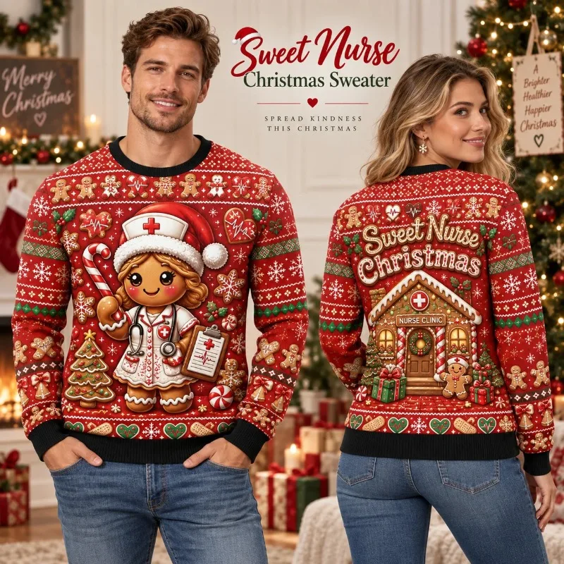 Sweet Nurse Ugly Christmas 3D Print Fake Sweater, Adult Medical Holiday T-shirt, Gingerbread Nurse Christmas Party Print Top