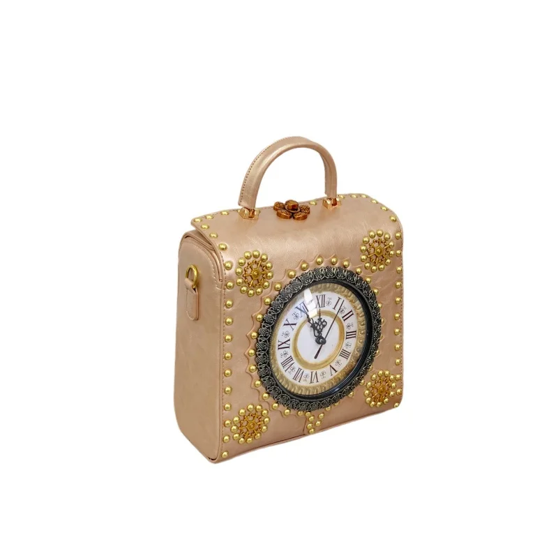 British Classic Style New Clock-Shaped Handbag for Women Retro Rivet Square Shoulder Bag Unique Lock Decoration Tote Bag