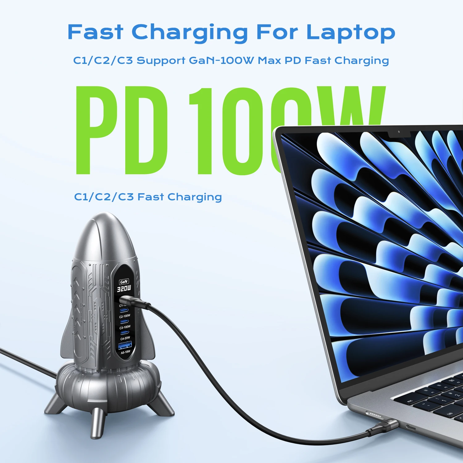 320 واط USB C GaN شاحن 100 واط PD3.0 PPS QC3.0 USB نوع C محطة شحن سطح المكتب آيفون 16 15 سامسونج ماك بوك أجهزة الكمبيوتر المحمولة اللوحية