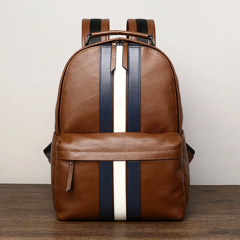2024 New Design Fashion Men Backpack Brown Genuine Leather Laptop Backpack Schoolbag Boys Day Bag Pack Male Travel Bags Large