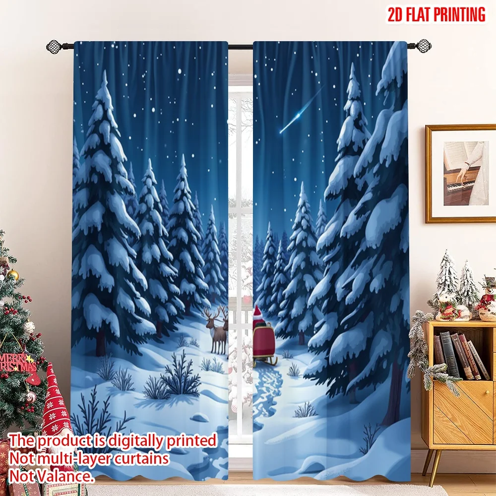 

2pcs 2D flat printing Christmas Scene Curtain Santa Sleigh Ride Snow Forest 100% Polyester Without Electricity Party & Holiday