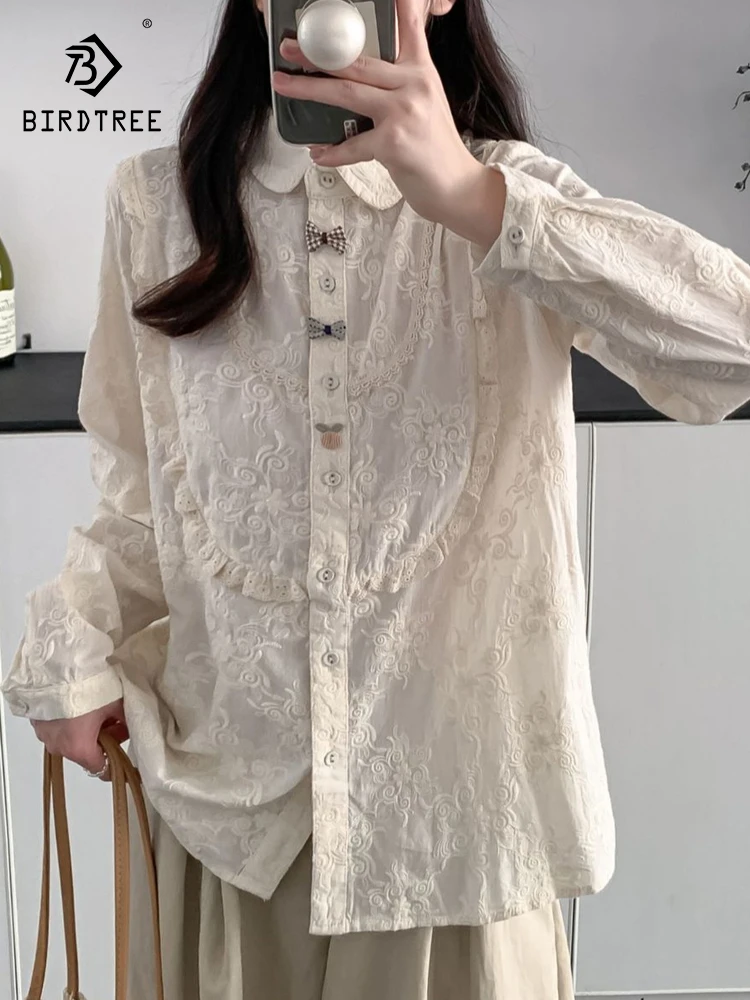 

Новая женская хлопковая рубашка с длинным рукавом Весна 2026, с отложным воротником и вышивкой, в стиле Mori Girl, свободная блузка для создания моложавого образа T63920CC