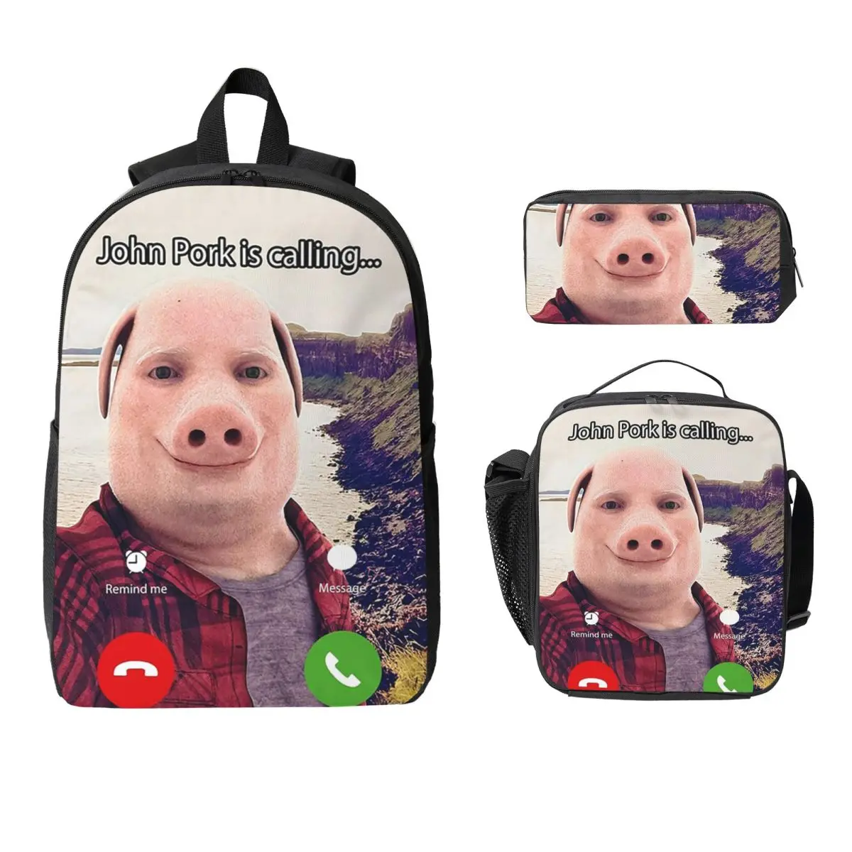 John Pork Is Calling Answer Call Phone Backpack BookBag School Bag Laptop Shoulder Bags 3ps Insulated Lunch Bag Pencil Case