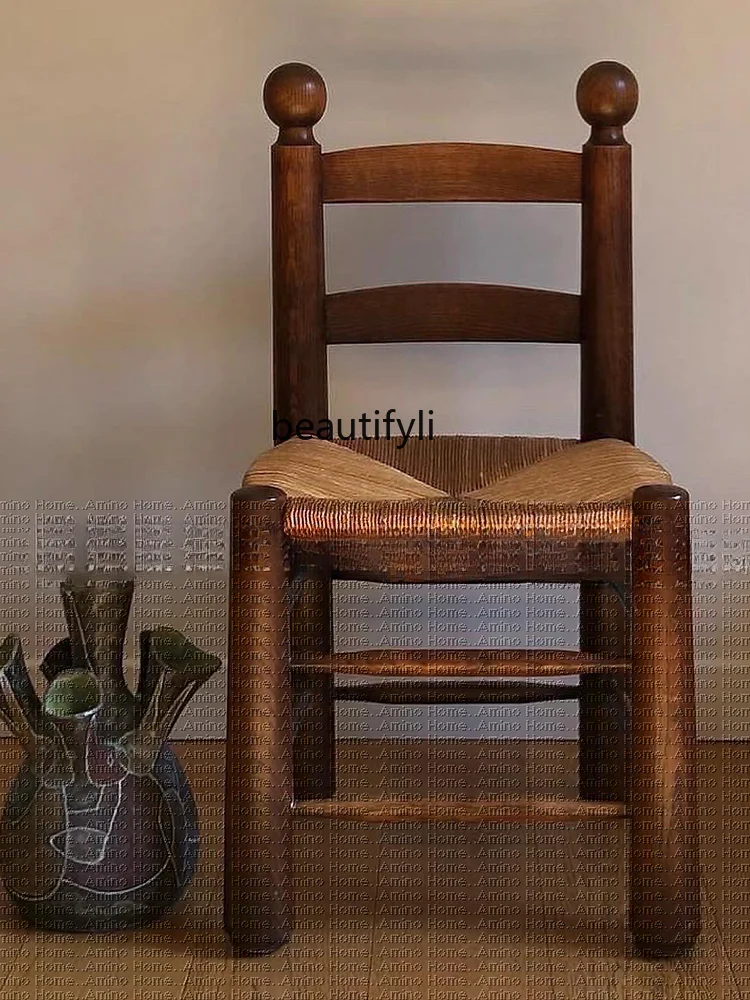 

Mid-Ancient Quiet Style Dining Chair Log French Retro Chair Solid Wood Casual and Comfortable Rattan Chair