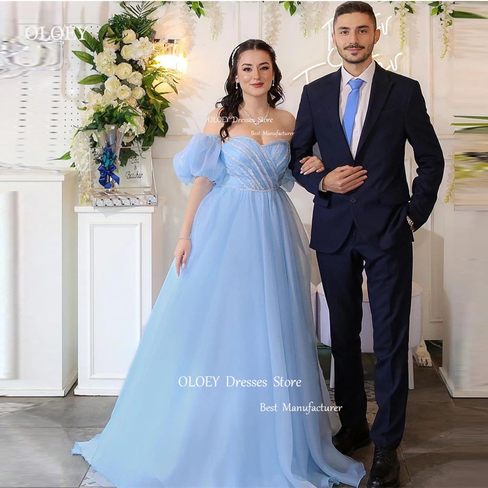 OLOEY Glitter A Line Light Blue Evening Dresses Short Puff Sleeves Organza Wedding Gowns Prom Dress Plus Size Vestidos 2024