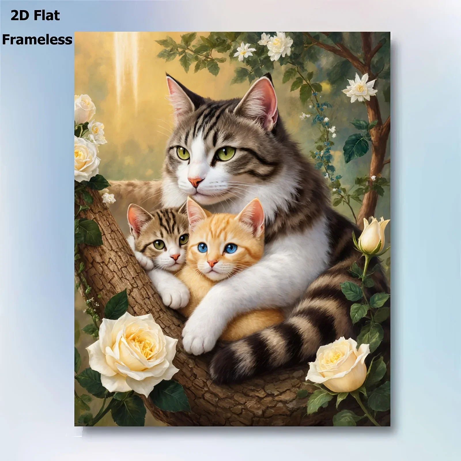 [2D Flat Frameless] [Professional Art Use], 1pc Adult Paint by Numbers Kit, Beginner Entry-Level Kit, Three Cats Among Flowers A