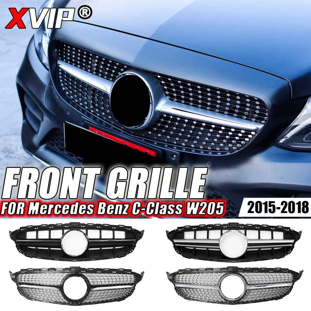 

XVIP Chrome GTR Style Front Bumper Grilles For Mercedes Benz C-Class W205 2015-2018 C180 C200 C300 Diamonds Style Upper Grilles