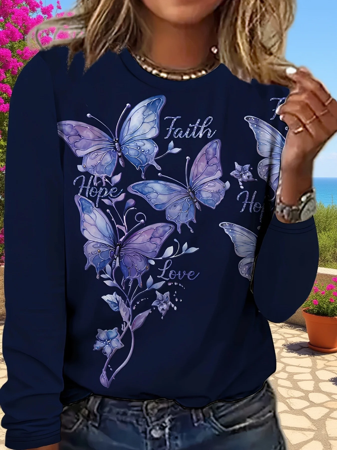 Women's Purple Butterfly Print Sweatshirt Navy Blue Faith Hope Love Long Sleeve Crew Neck Pullover Top