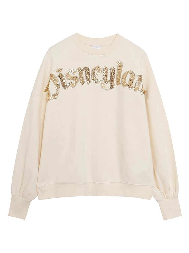 ديزني الترتر ديزني لاند إلكتروني طباعة التطريز البلوز المرأة س الرقبة بريق البلوفرات البلوز القمم الصوف للجنسين 2025 جديد