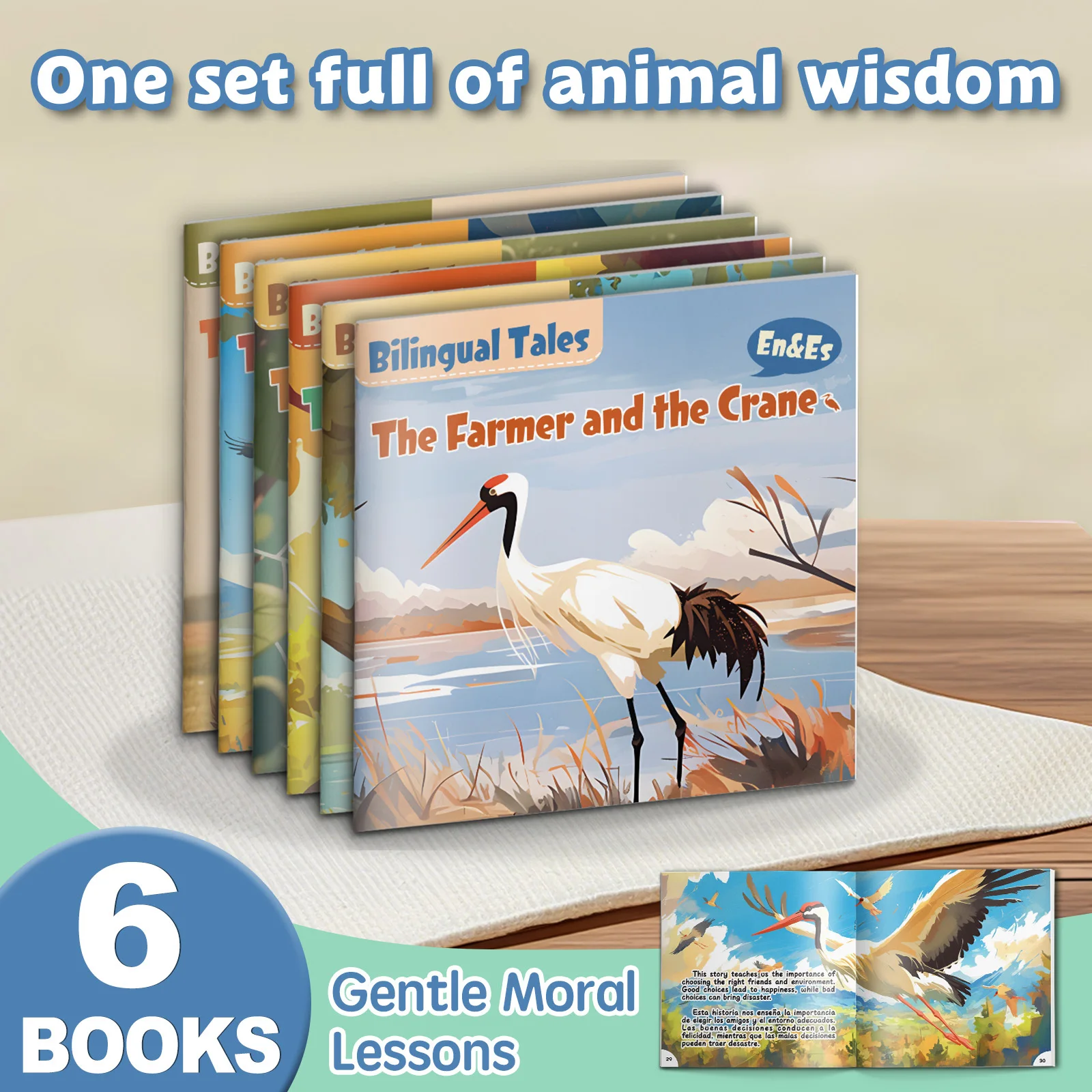 6-Volume English-Spanish Bilingual Tales Collection, Illustrated Animal and Classic Moral Stories with Farmers, Birds, Monkeys