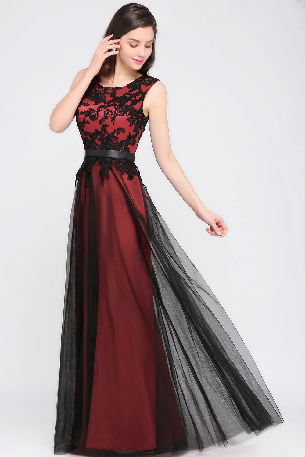 Elegant Black Lace Red Evening Dresses Long Appliques Chiffon With Sashes Pink Green Burgundy Formal Prom Gown Vestido de Fiesta