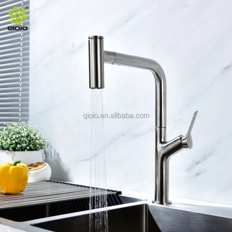 Torneira da pia da cozinha do aço inoxidável 304, Single Handle, Pull Down Mixer Tap, Água quente e fria