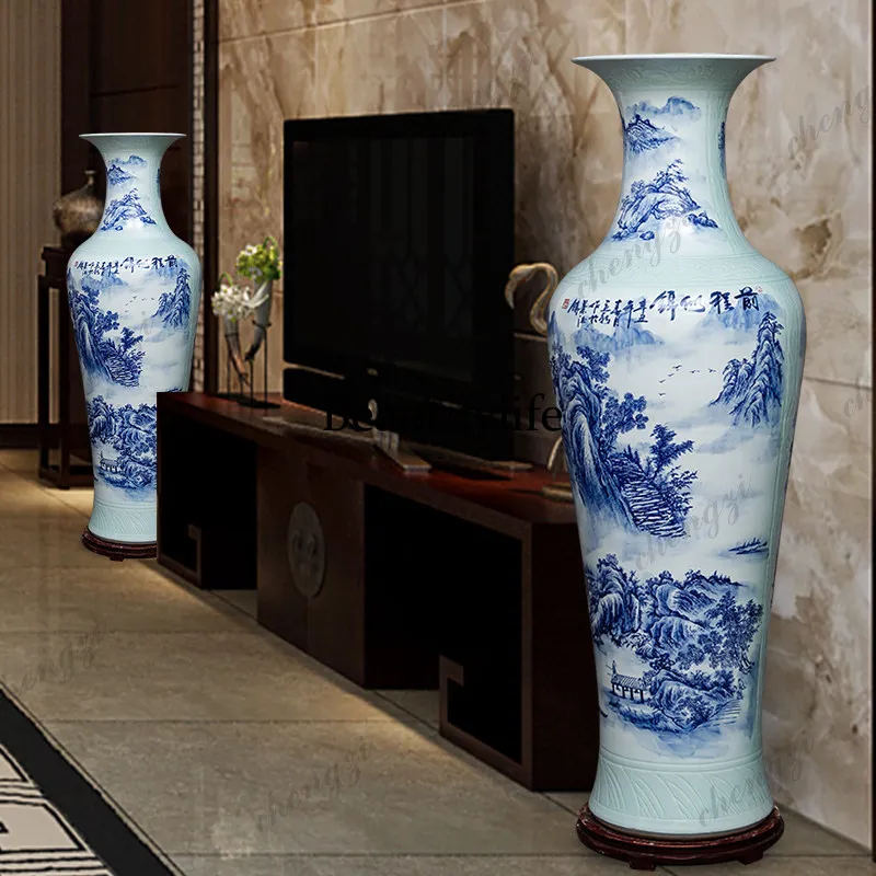Jingdezhen ceramic high-end hand-painted floor-to-ceiling large vase living room hotel villa Chinese decoration opening ornament
