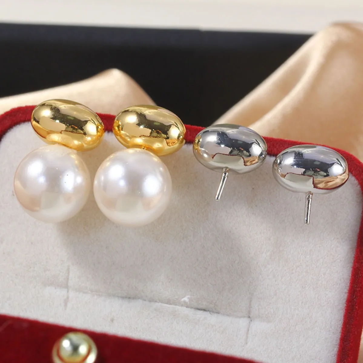 Brass Gold Plated Smooth Oval Bean Pearl Stud Earring Blank Setting, Elegant S925 Silver Needle DIY Jewelry Findings